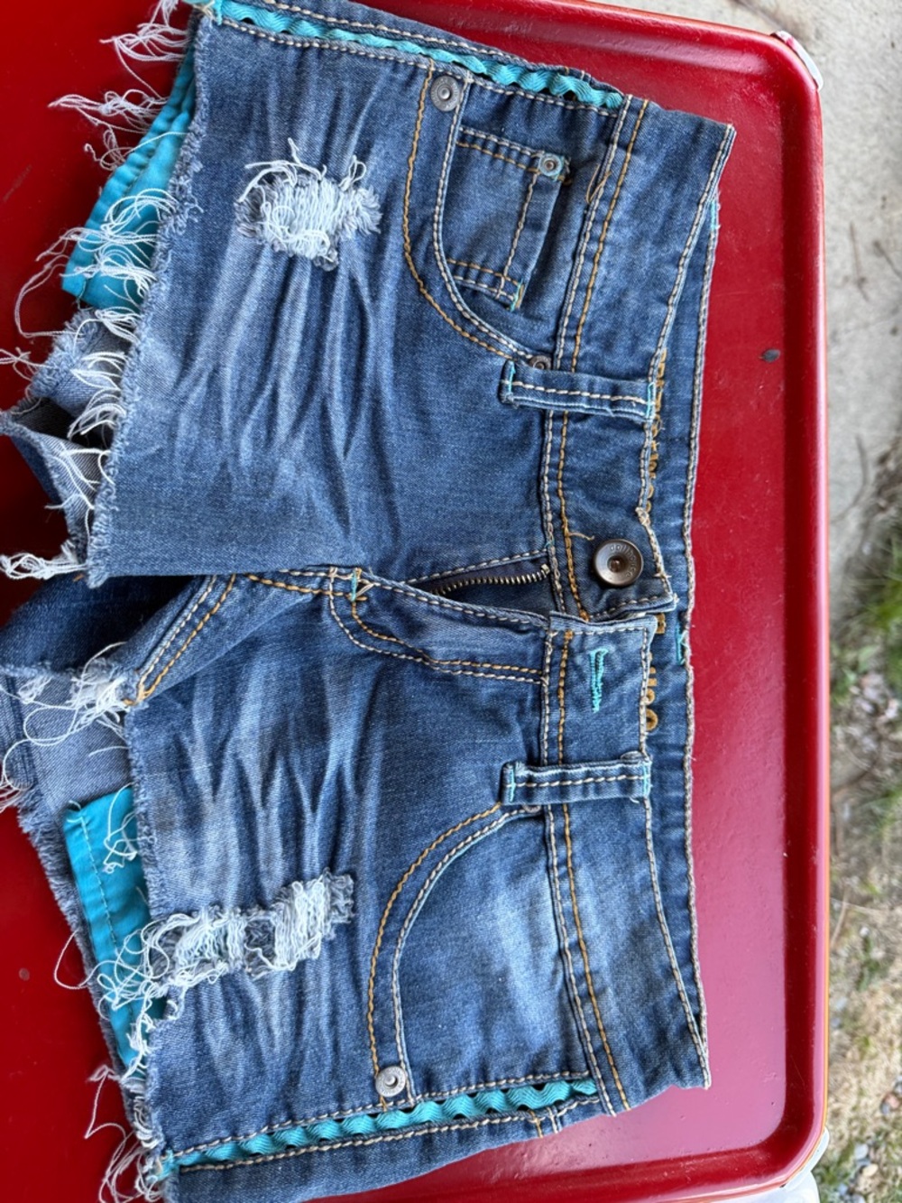 Dollhouse Distressed Blue Denim Jean Shorts with Teal Trim